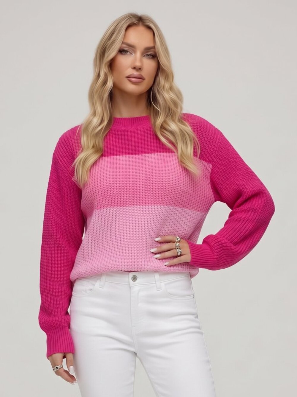 Women's Hot Pink Colorblock Mock Neck Knit Sweater Casual Fall Pullover - Picture 3 of 4